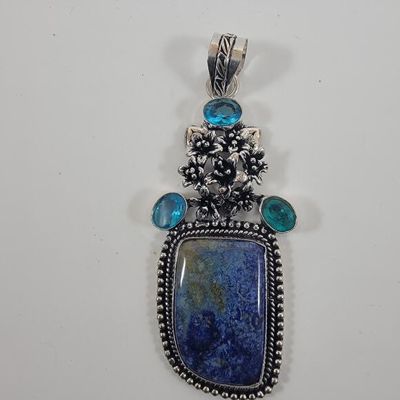 Blue Azurite Pendant with Sterling Silver Floral Design and Blue Topaz Accent - Picture 8 of 9
